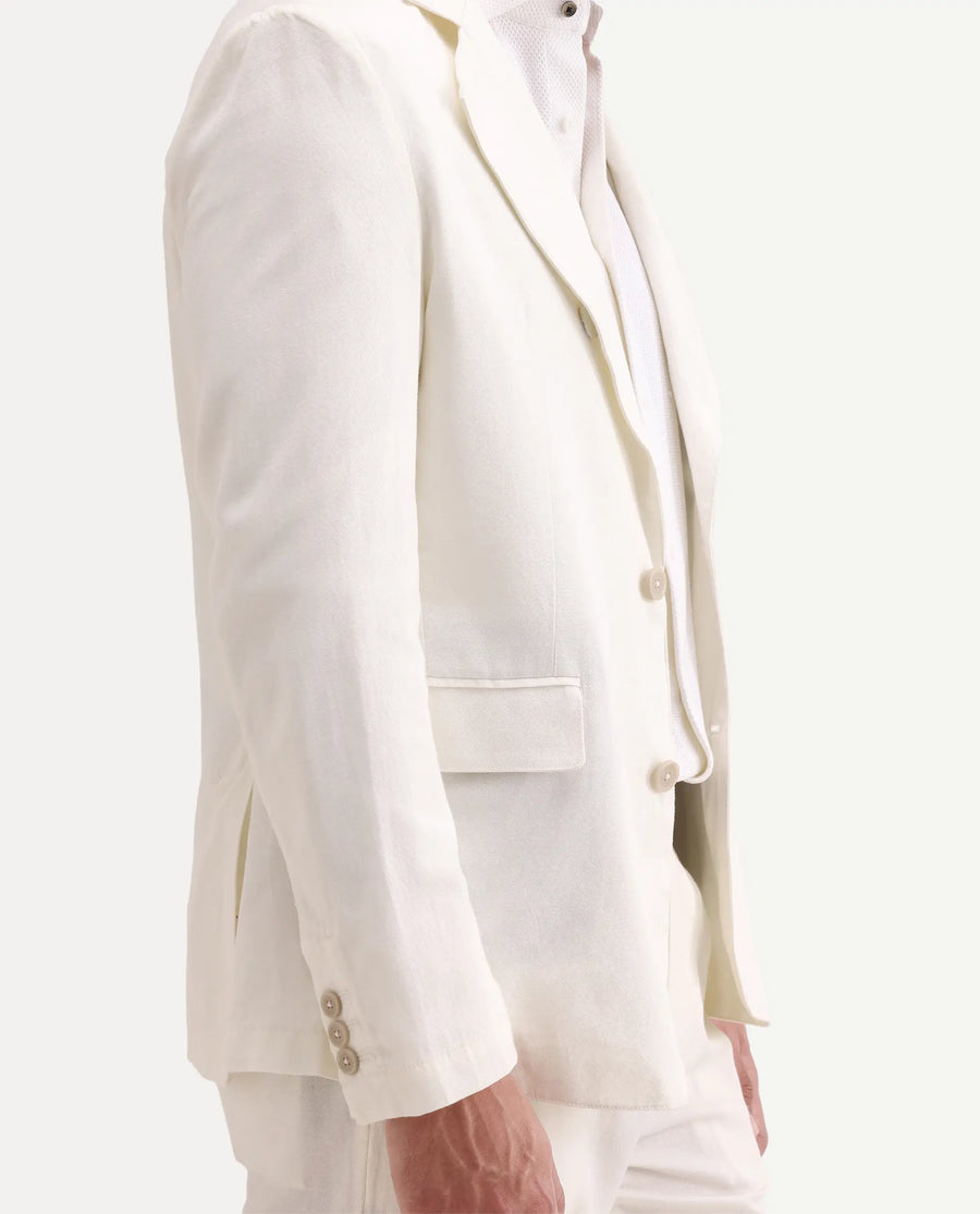 Rare Rabbit Men's Linol Off White Linen Blend Fabric Lapel Neck Tailored Fit Plain Blazer