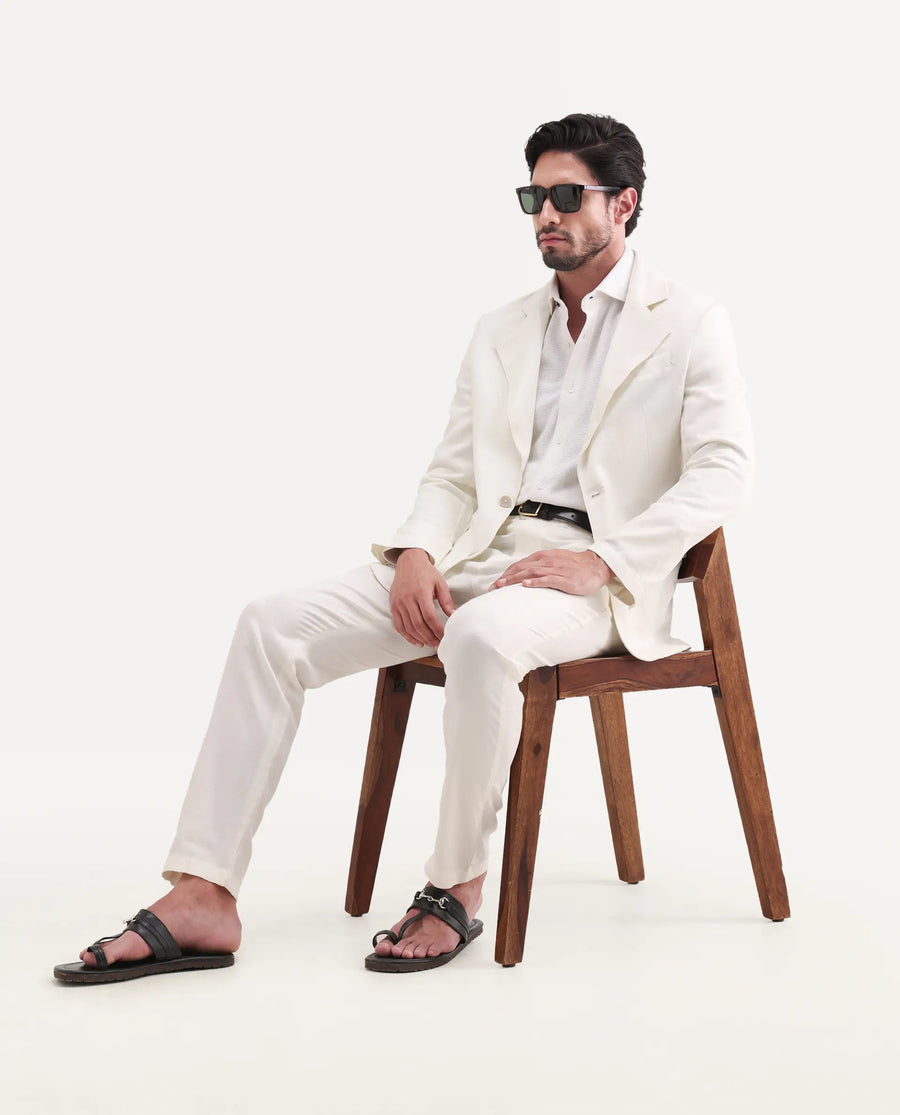 Rare Rabbit Men's Linol Off White Linen Blend Fabric Lapel Neck Tailored Fit Plain Blazer