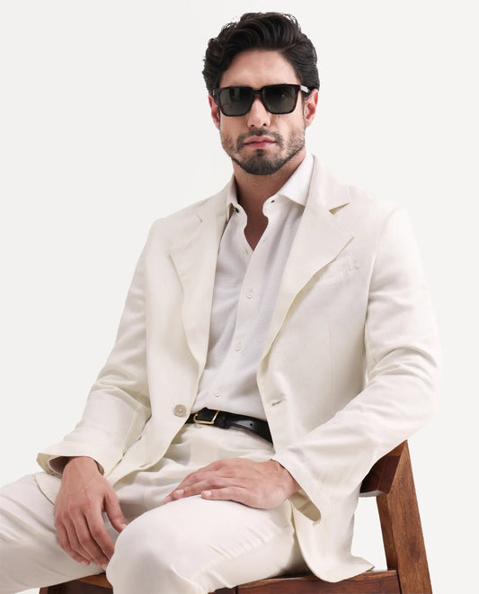 Rare Rabbit Men's Linol Off White Linen Blend Fabric Lapel Neck Tailored Fit Plain Blazer