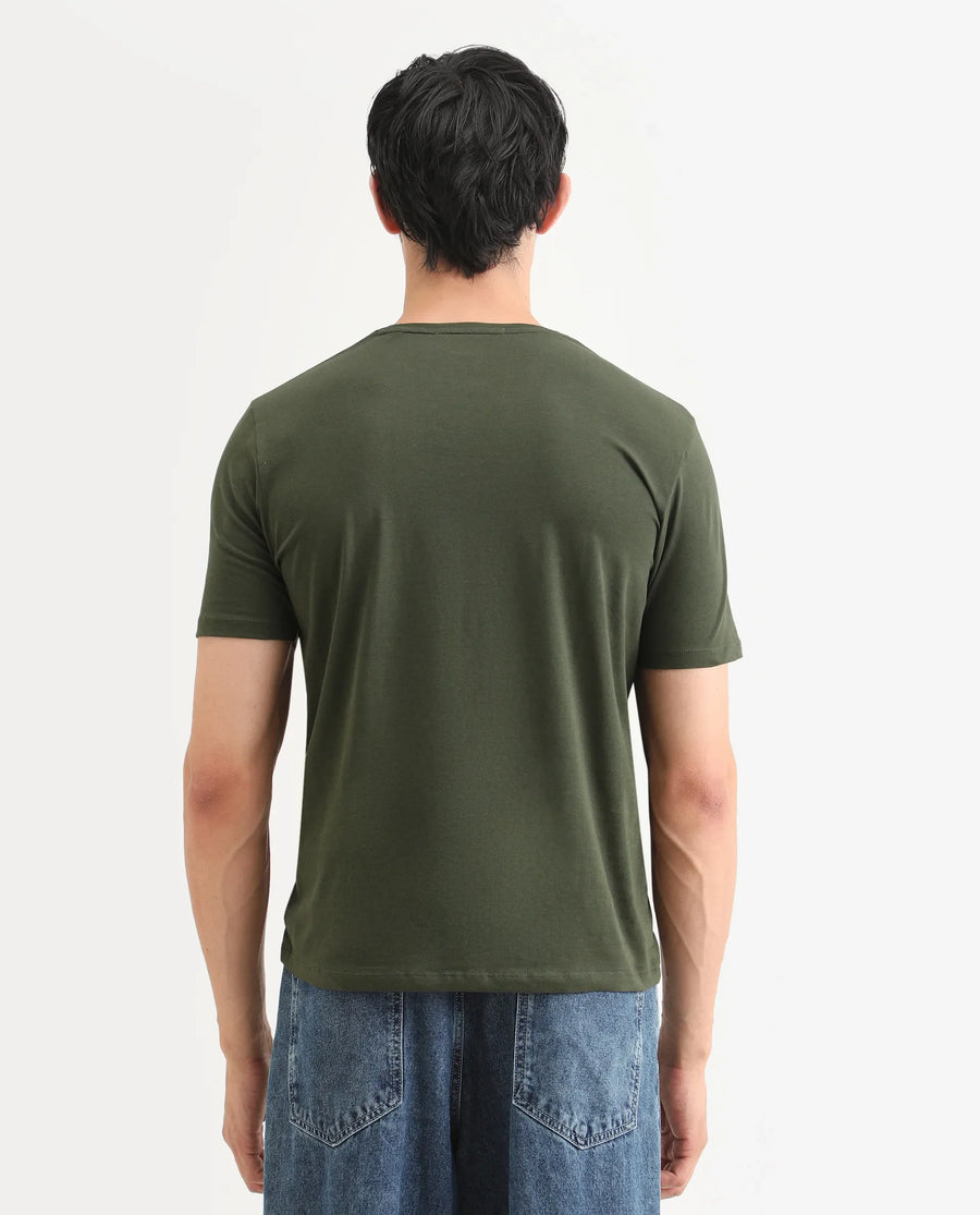 Rare Rabbit Men's Mok Olive Cotton Graphic Print Regular Fit Half Sleeve Crew Neck T-Shirt