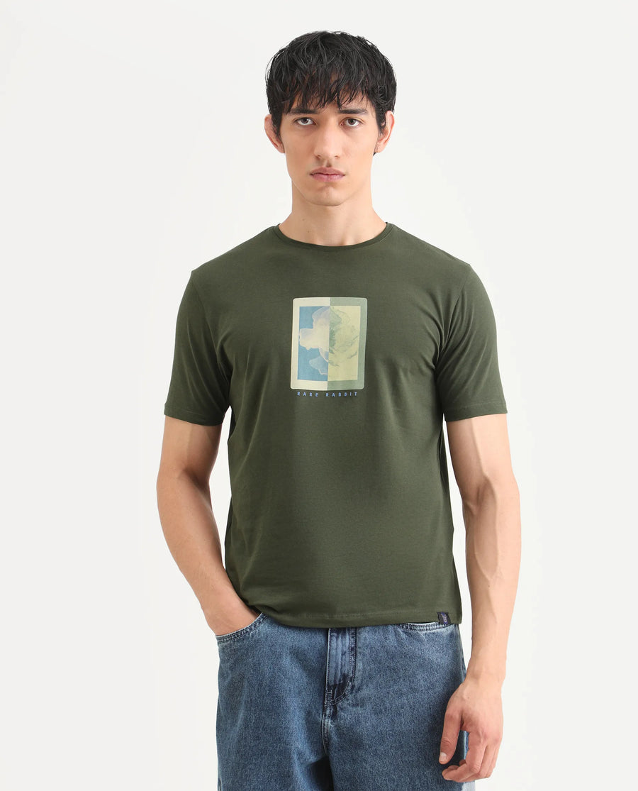 Rare Rabbit Men's Mok Olive Cotton Graphic Print Regular Fit Half Sleeve Crew Neck T-Shirt
