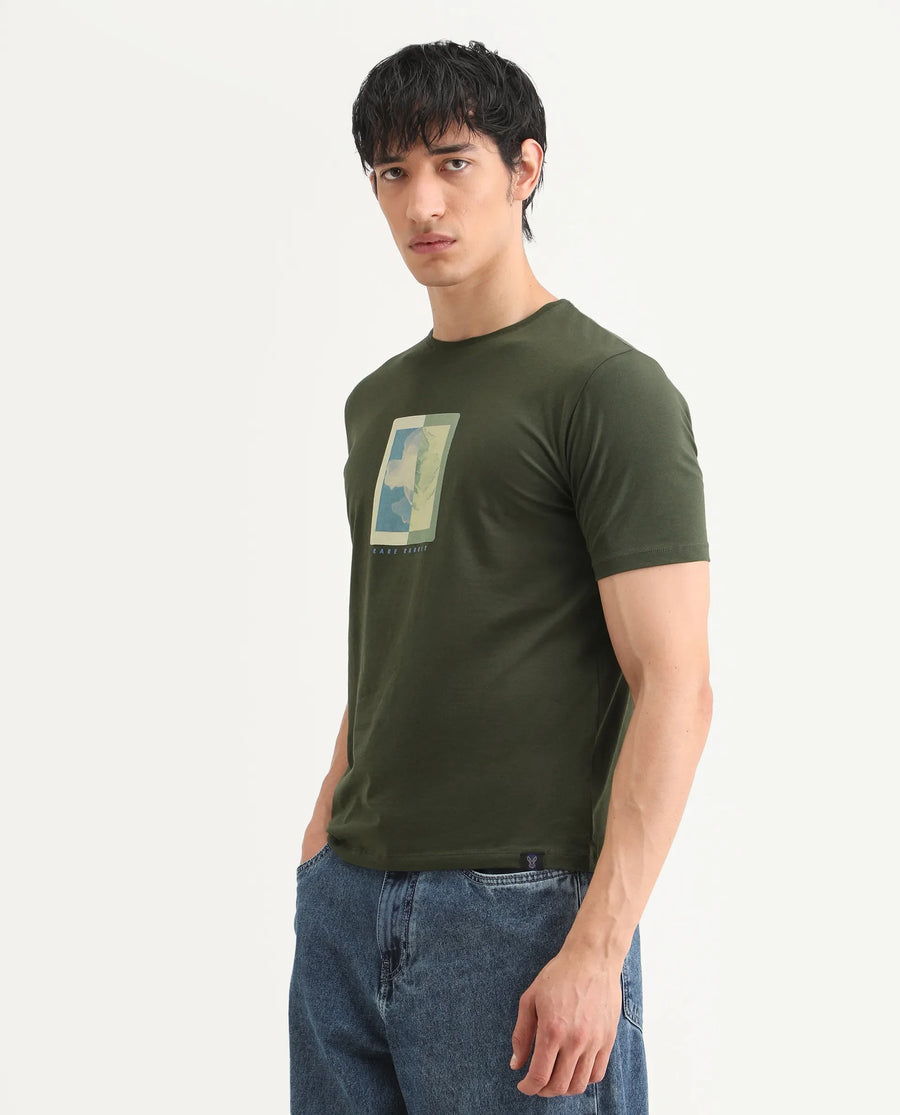 Rare Rabbit Men's Mok Olive Cotton Graphic Print Regular Fit Half Sleeve Crew Neck T-Shirt