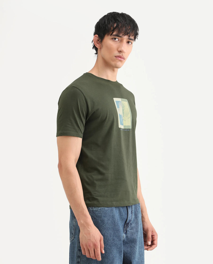 Rare Rabbit Men's Mok Olive Cotton Graphic Print Regular Fit Half Sleeve Crew Neck T-Shirt