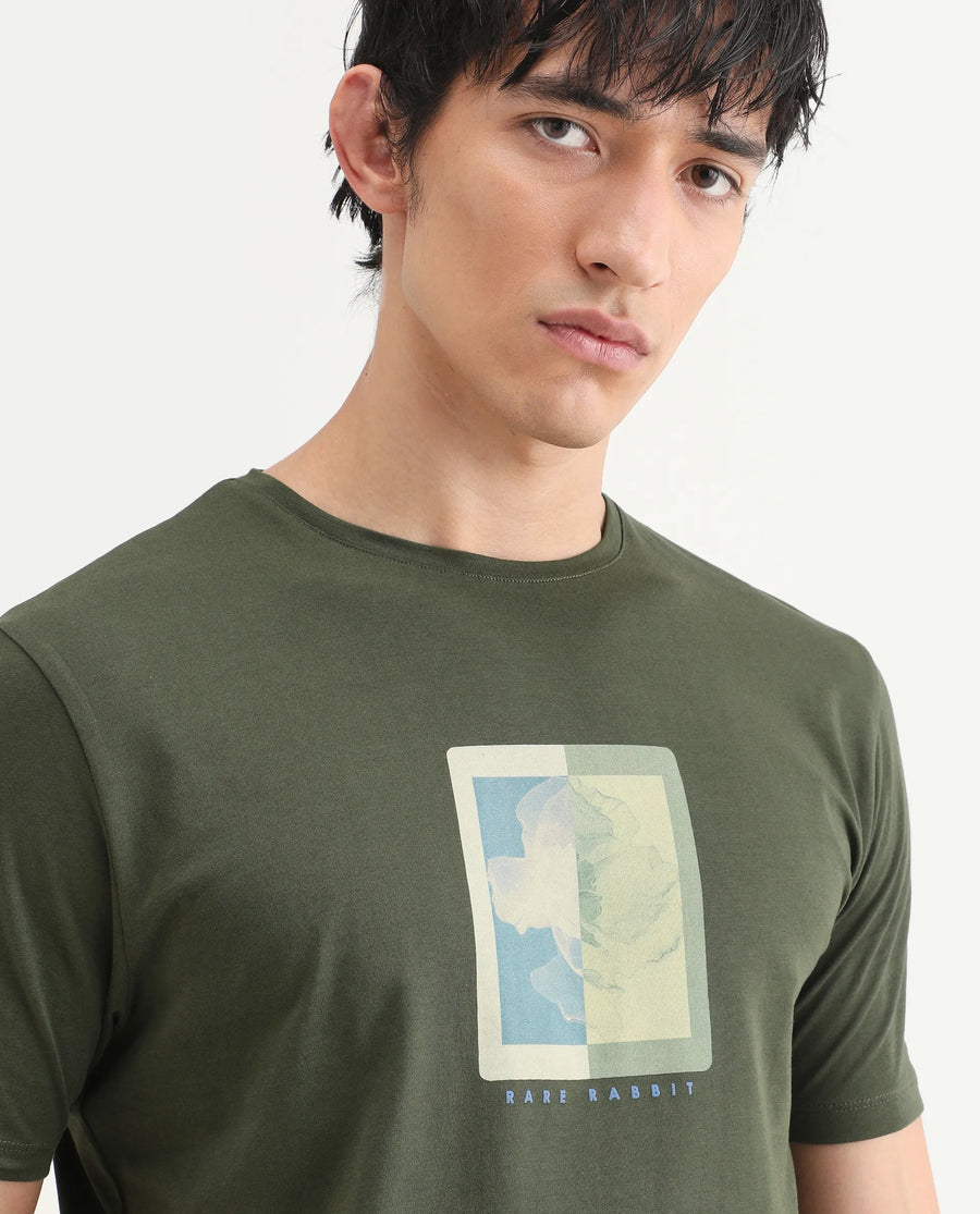 Rare Rabbit Men's Mok Olive Cotton Graphic Print Regular Fit Half Sleeve Crew Neck T-Shirt