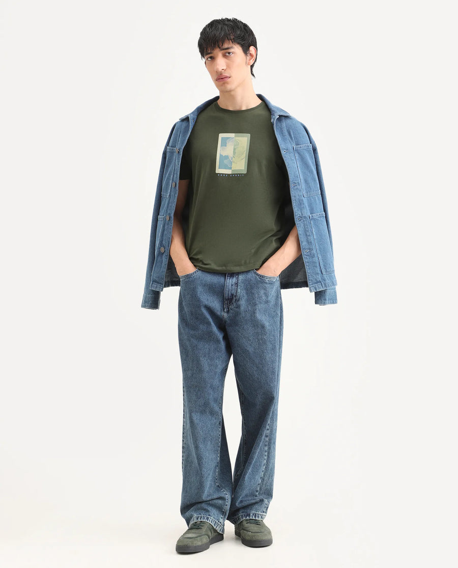 Rare Rabbit Men's Mok Olive Cotton Graphic Print Regular Fit Half Sleeve Crew Neck T-Shirt