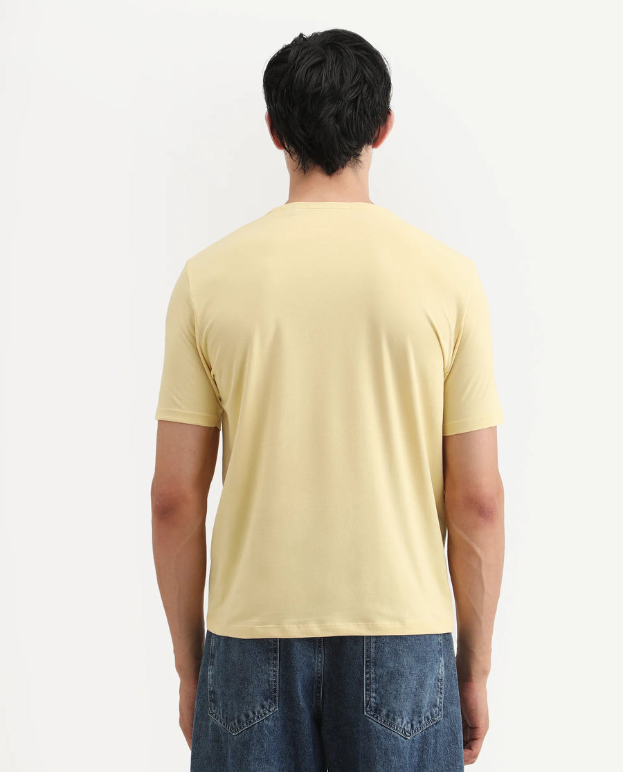 Rare Rabbit Men's Var Yellow Cotton Graphic Print Regular Fit Half Sleeve Crew Neck T-Shirt