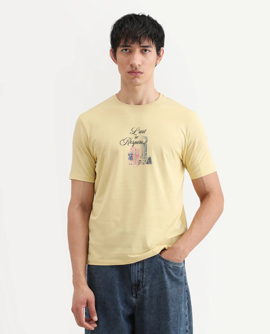 Rare Rabbit Men's Var Yellow Cotton Graphic Print Regular Fit Half Sleeve Crew Neck T-Shirt