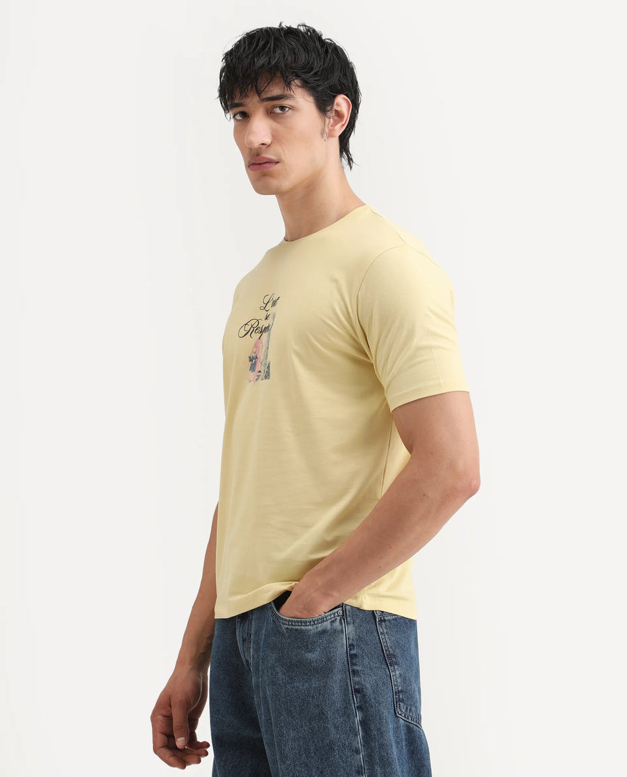 Rare Rabbit Men's Var Yellow Cotton Graphic Print Regular Fit Half Sleeve Crew Neck T-Shirt
