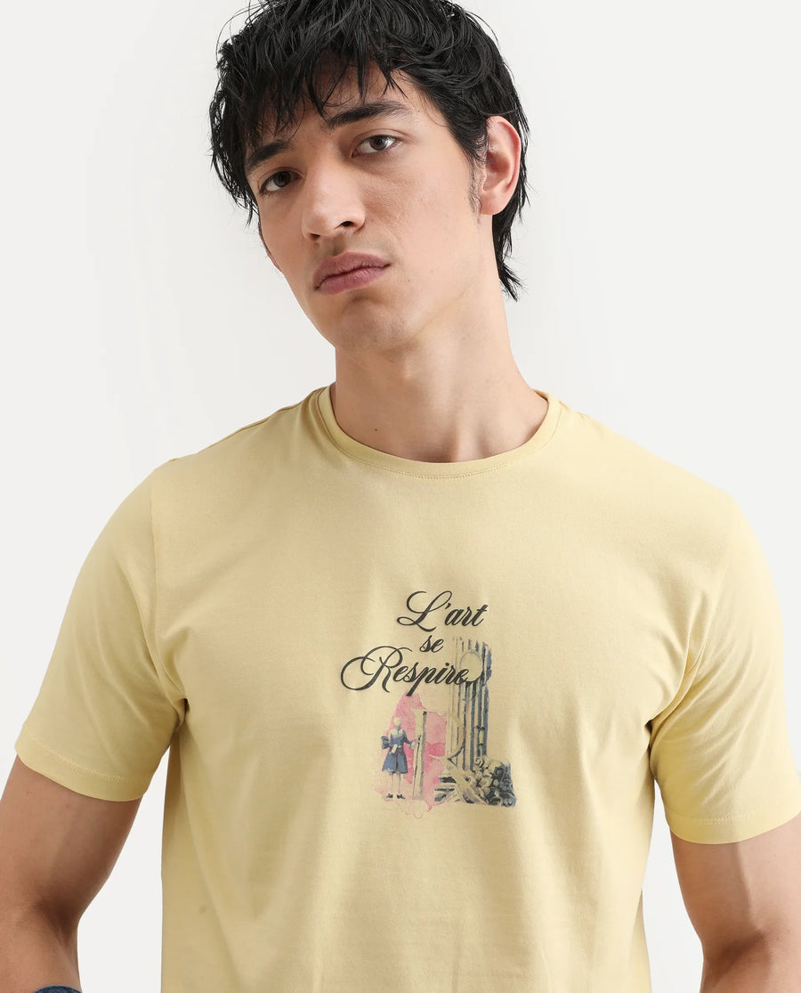 Rare Rabbit Men's Var Yellow Cotton Graphic Print Regular Fit Half Sleeve Crew Neck T-Shirt