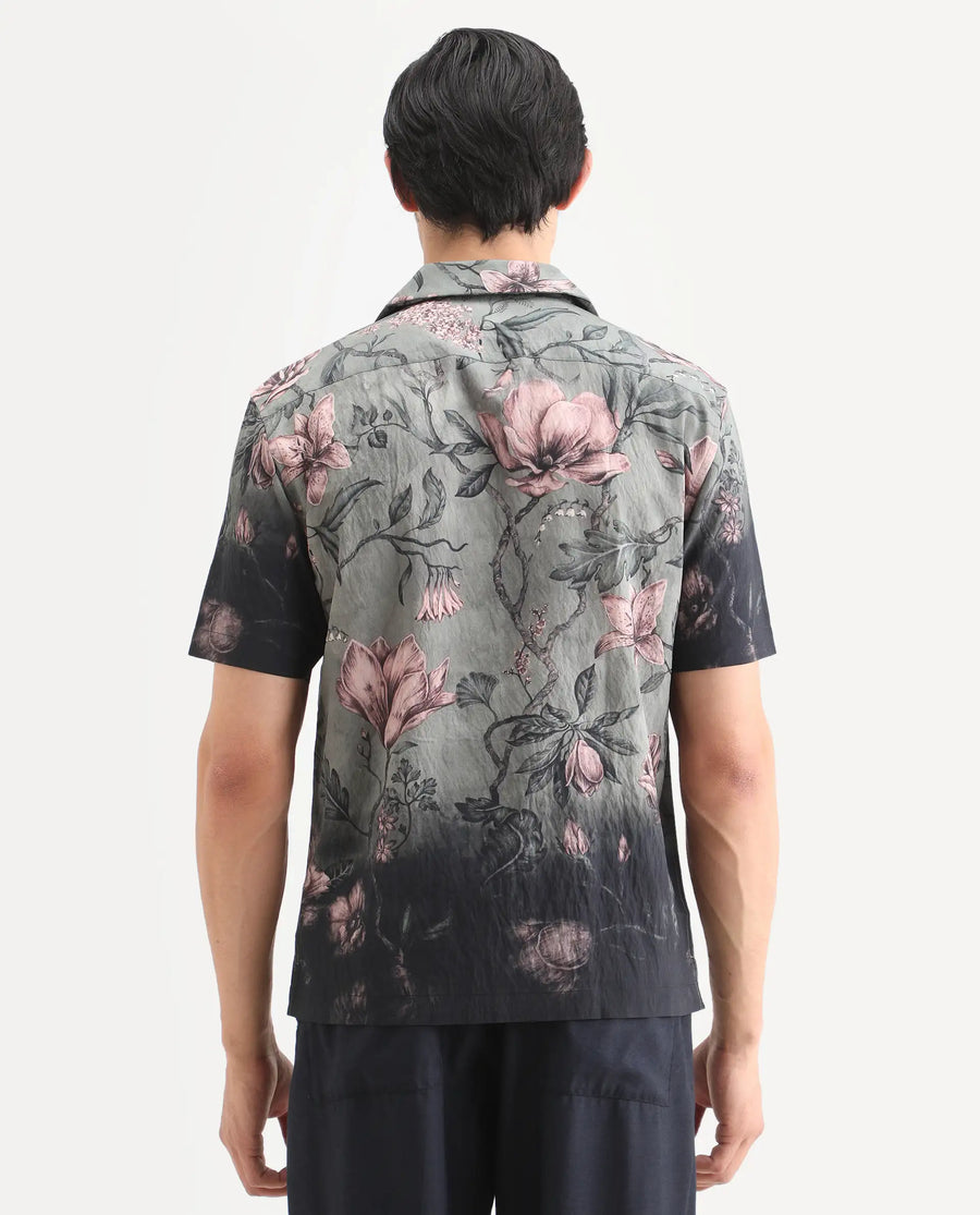 Rare Rabbit Men's Litor Dusky Green Viscose Blend Floral Print Relaxed Fit Half Sleeve Cuban Collar Shirt