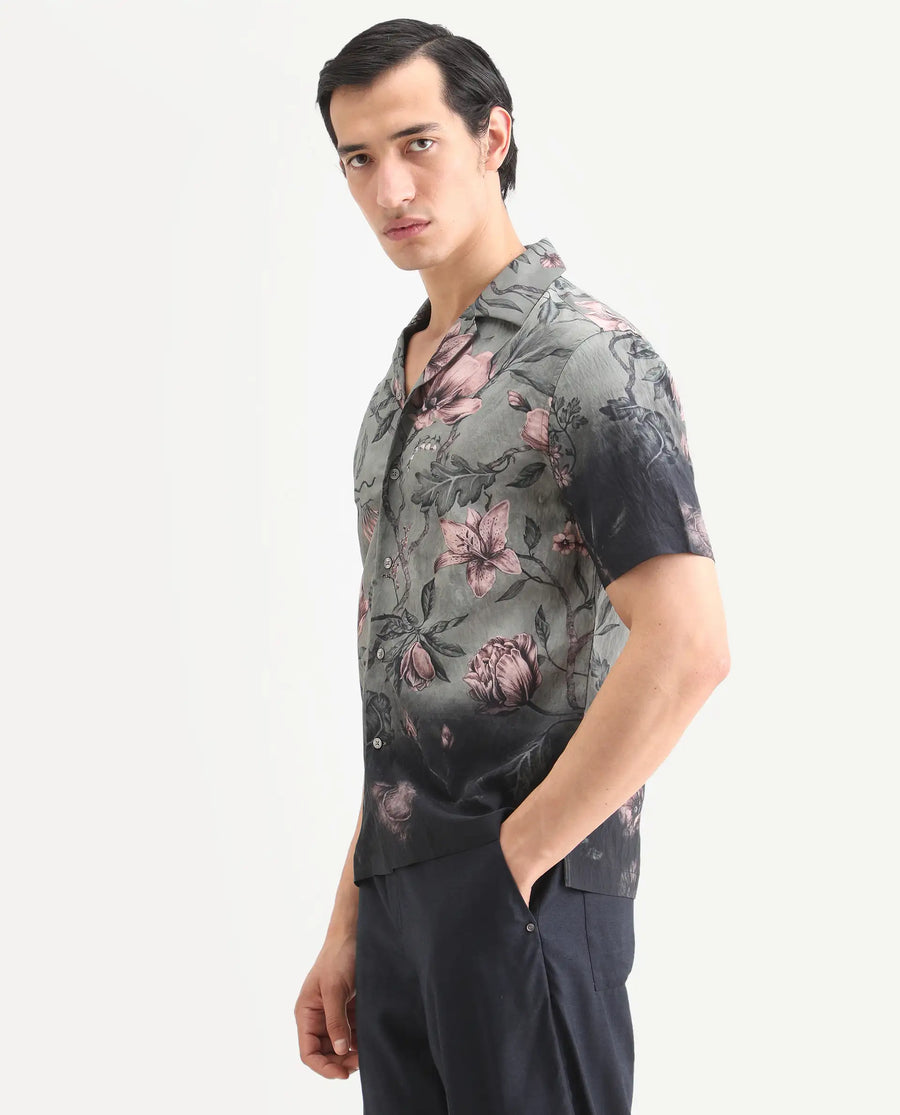 Rare Rabbit Men's Litor Dusky Green Viscose Blend Floral Print Relaxed Fit Half Sleeve Cuban Collar Shirt