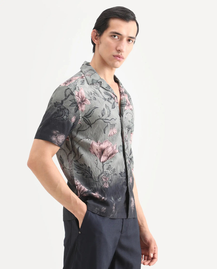 Rare Rabbit Men's Litor Dusky Green Viscose Blend Floral Print Relaxed Fit Half Sleeve Cuban Collar Shirt