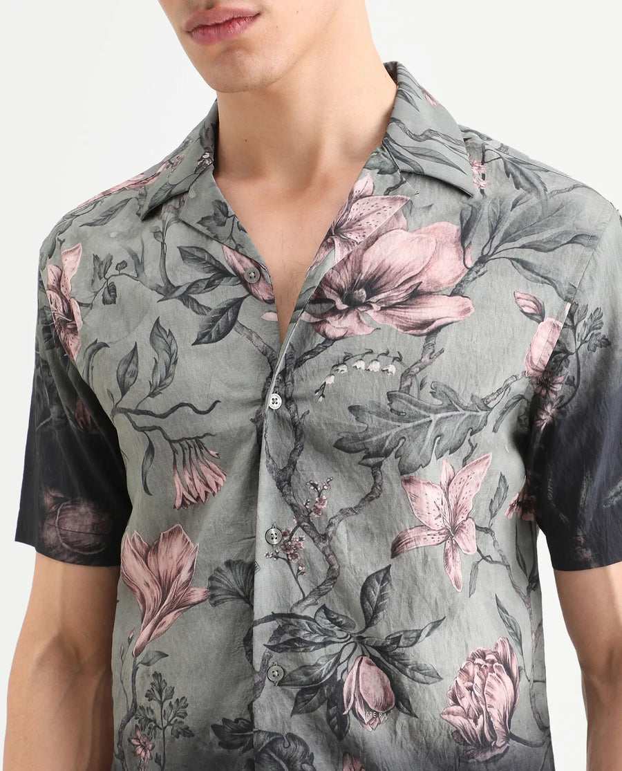 Rare Rabbit Men's Litor Dusky Green Viscose Blend Floral Print Relaxed Fit Half Sleeve Cuban Collar Shirt