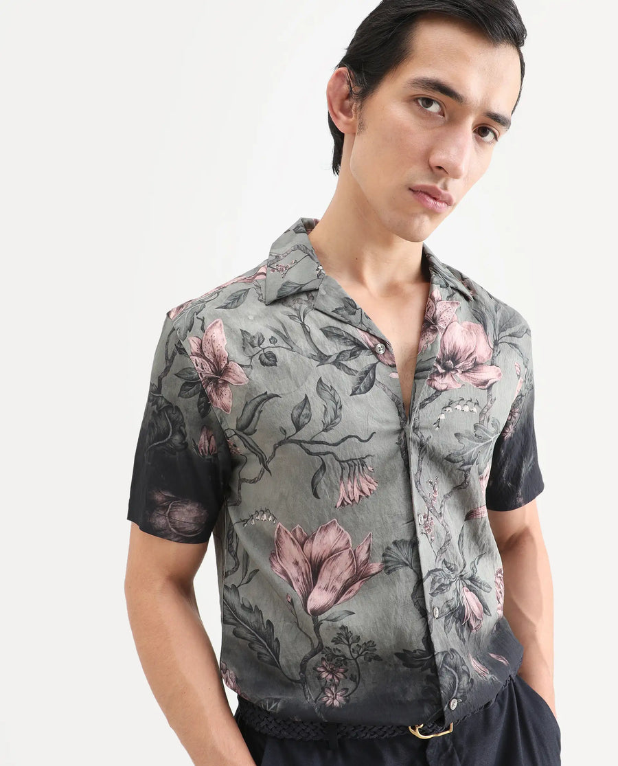 Rare Rabbit Men's Litor Dusky Green Viscose Blend Floral Print Relaxed Fit Half Sleeve Cuban Collar Shirt