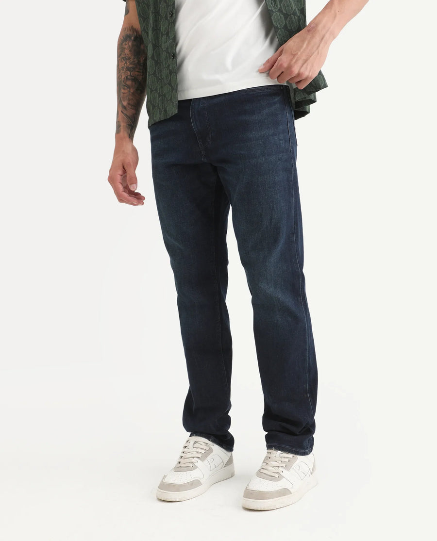Rare Rabbit Men's Cozey Blue Cotton Blend Fabric Morris Regular Fit Plain Jeans