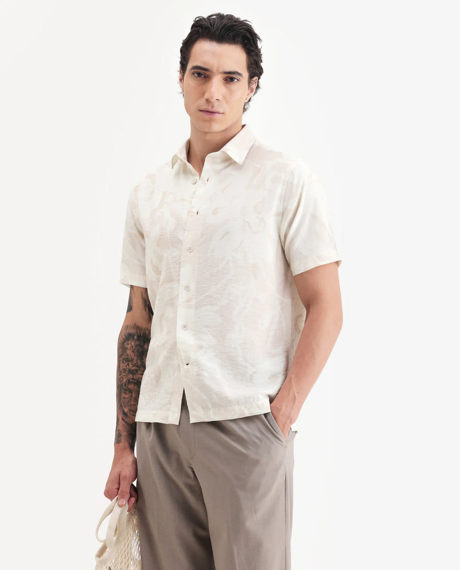 Rare Rabbit Men's Lego Off White Viscose Abstract Print Boxy Fit Half Sleeve Collared Shirt