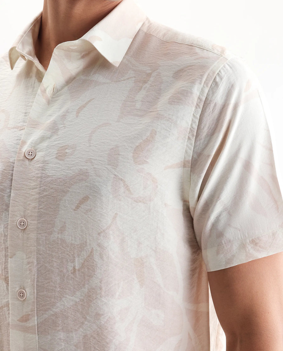 Rare Rabbit Men's Lego Off White Viscose Abstract Print Boxy Fit Half Sleeve Collared Shirt