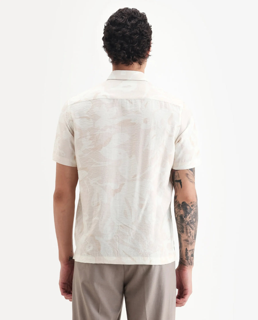 Rare Rabbit Men's Lego Off White Viscose Abstract Print Boxy Fit Half Sleeve Collared Shirt