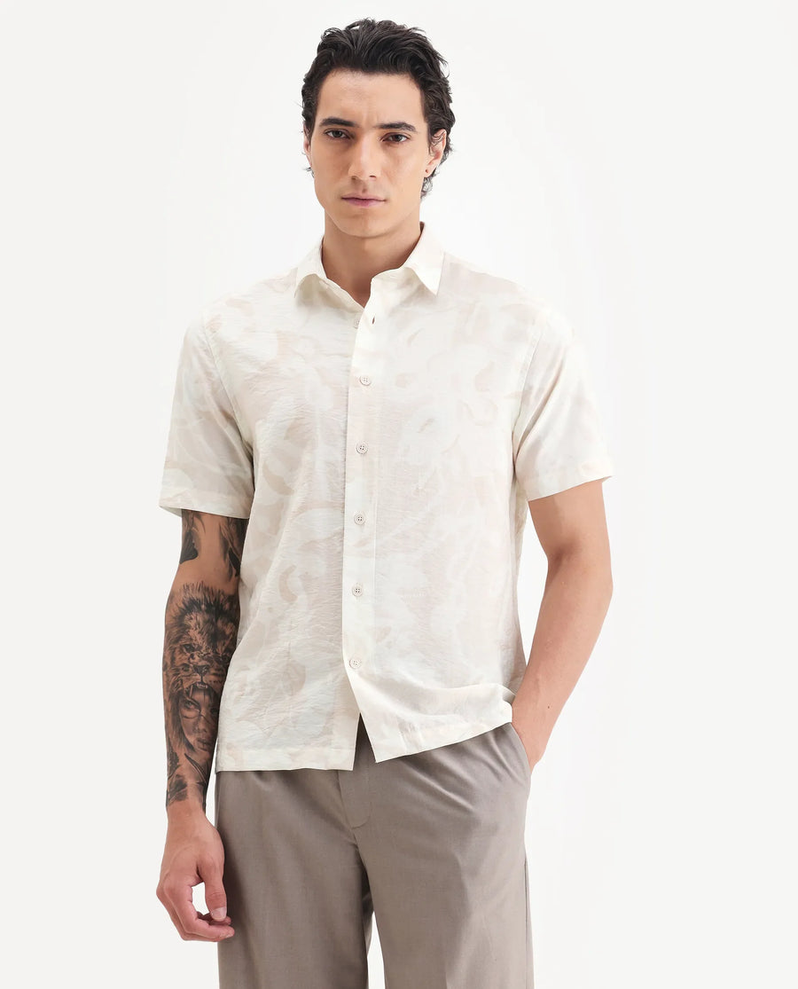 Rare Rabbit Men's Lego Off White Viscose Abstract Print Boxy Fit Half Sleeve Collared Shirt