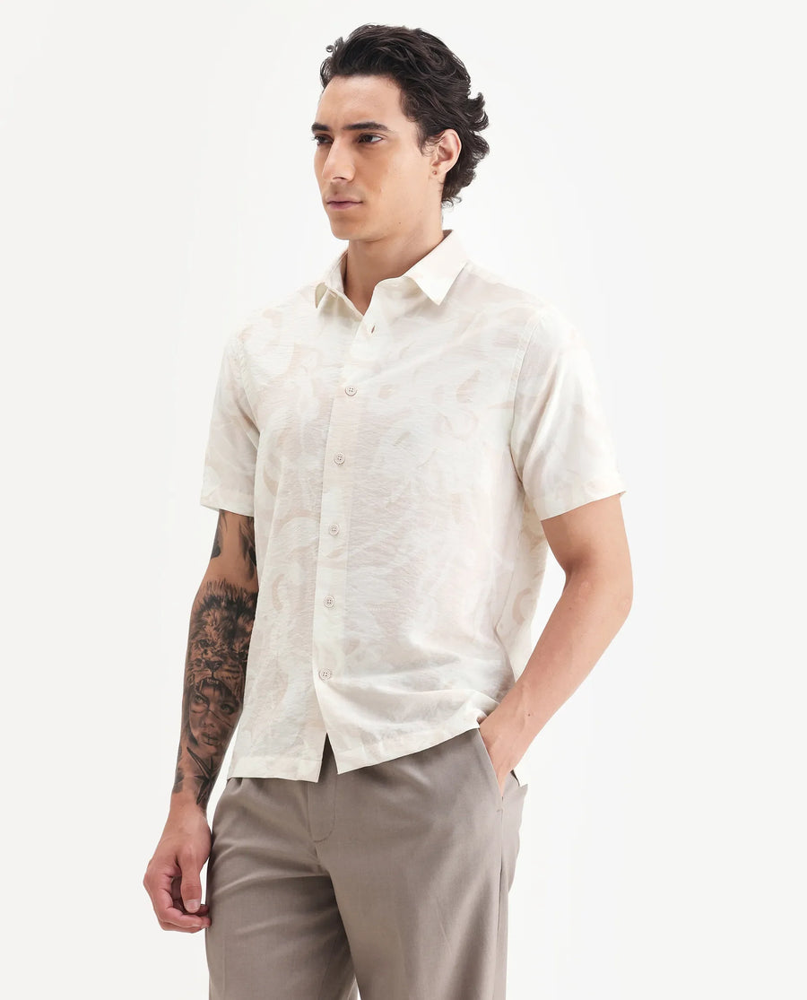 Rare Rabbit Men's Lego Off White Viscose Abstract Print Boxy Fit Half Sleeve Collared Shirt