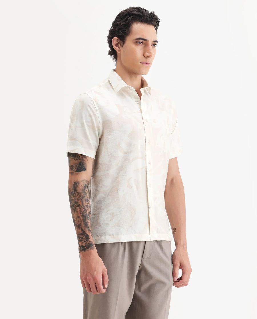 Rare Rabbit Men's Lego Off White Viscose Abstract Print Boxy Fit Half Sleeve Collared Shirt