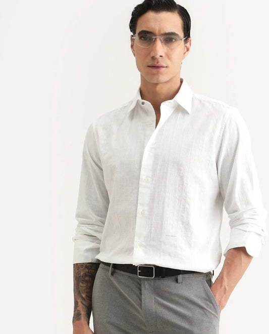 Rare Rabbit Men's Laver White Cotton Fabric Full Sleeve Regular Fit Textured Shirt