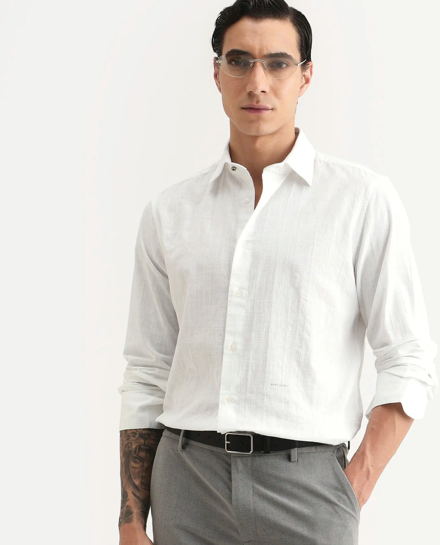 Rare Rabbit Men's Laver White Cotton Fabric Full Sleeve Regular Fit Textured Shirt