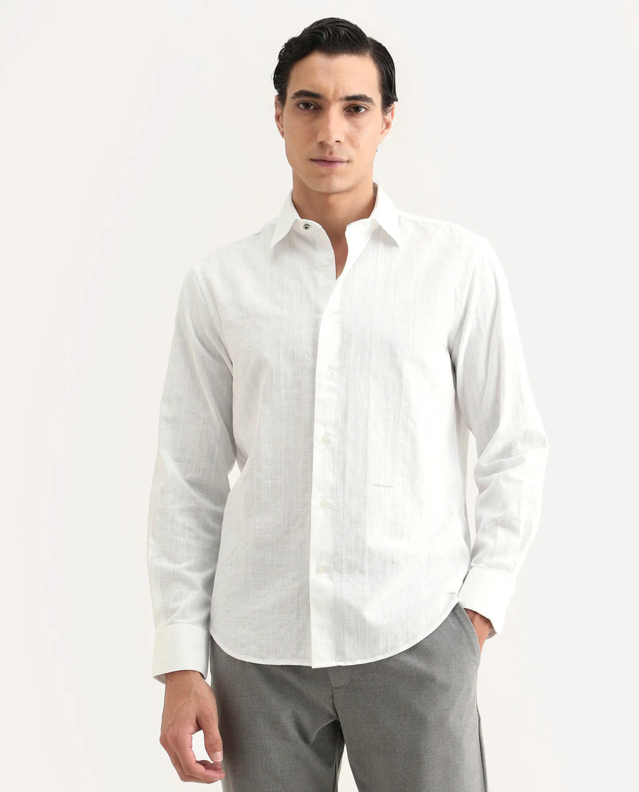 Rare Rabbit Men's Laver White Cotton Fabric Full Sleeve Regular Fit Textured Shirt
