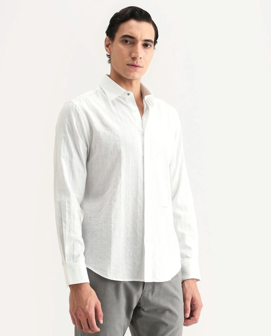 Rare Rabbit Men's Laver White Cotton Fabric Full Sleeve Regular Fit Textured Shirt