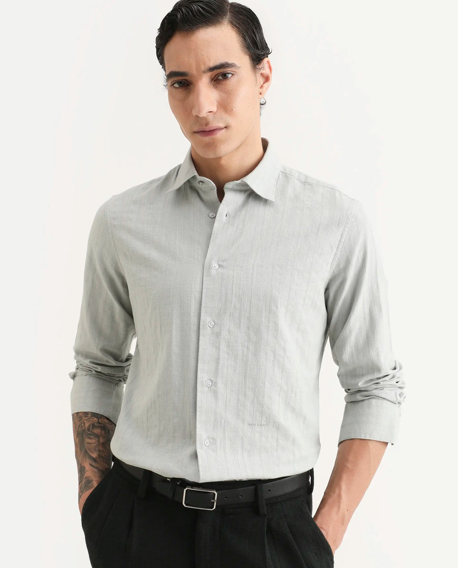Rare Rabbit Men's Laver Grey Cotton Fabric Full Sleeve Regular Fit Textured Shirt
