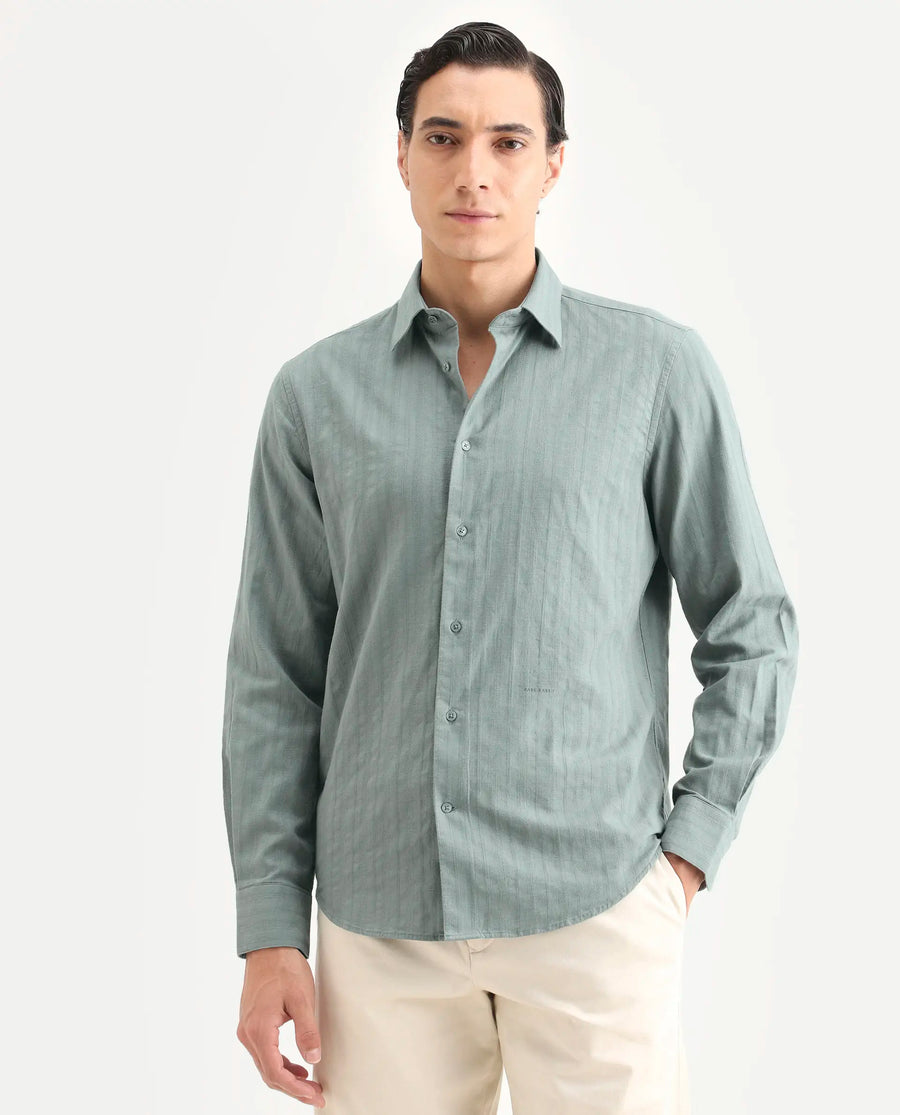 Rare Rabbit Men's Laver Dark Green Cotton Fabric Full Sleeve Regular Fit Textured Shirt