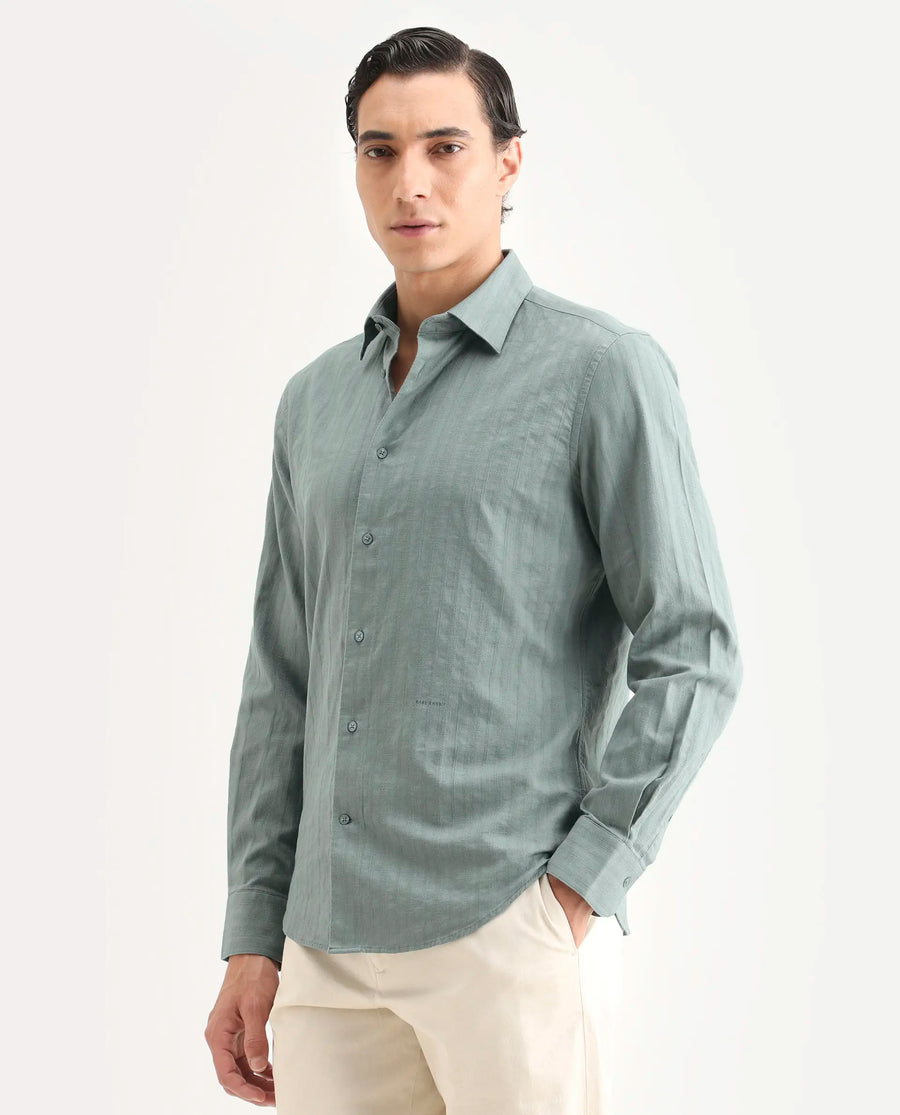 Rare Rabbit Men's Laver Dark Green Cotton Fabric Full Sleeve Regular Fit Textured Shirt
