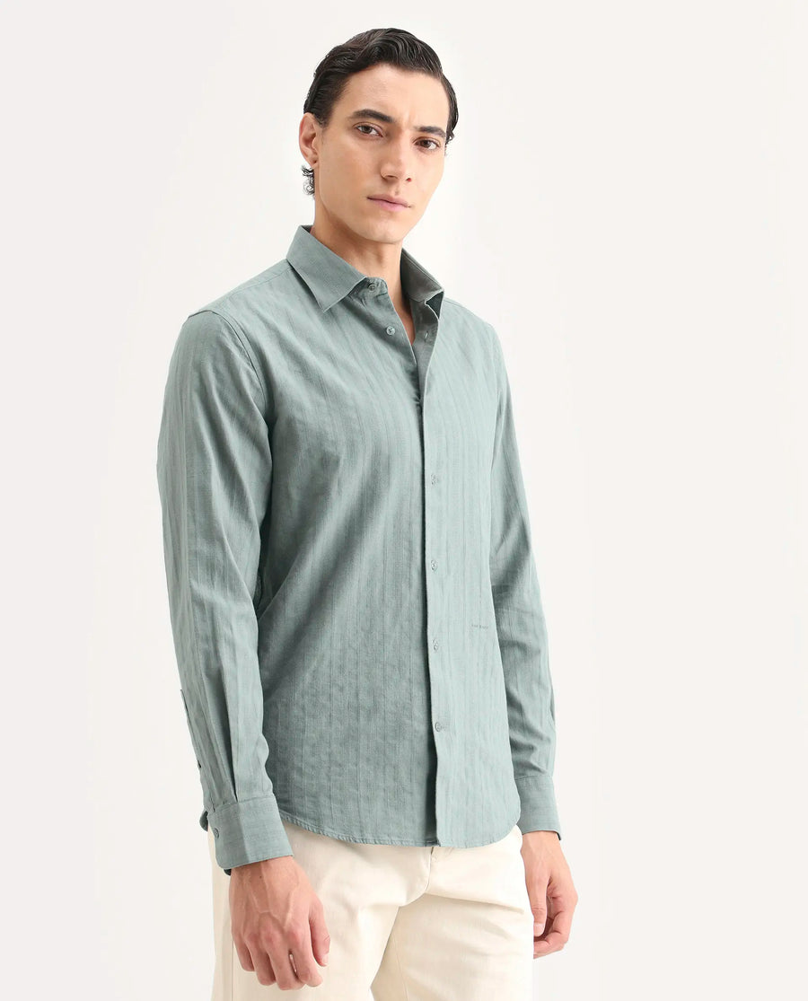 Rare Rabbit Men's Laver Dark Green Cotton Fabric Full Sleeve Regular Fit Textured Shirt