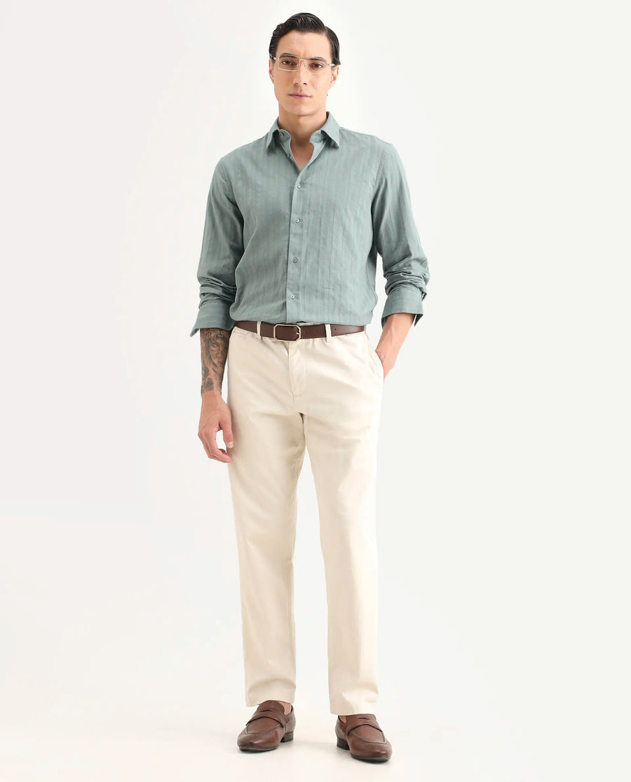 Rare Rabbit Men's Laver Dark Green Cotton Fabric Full Sleeve Regular Fit Textured Shirt