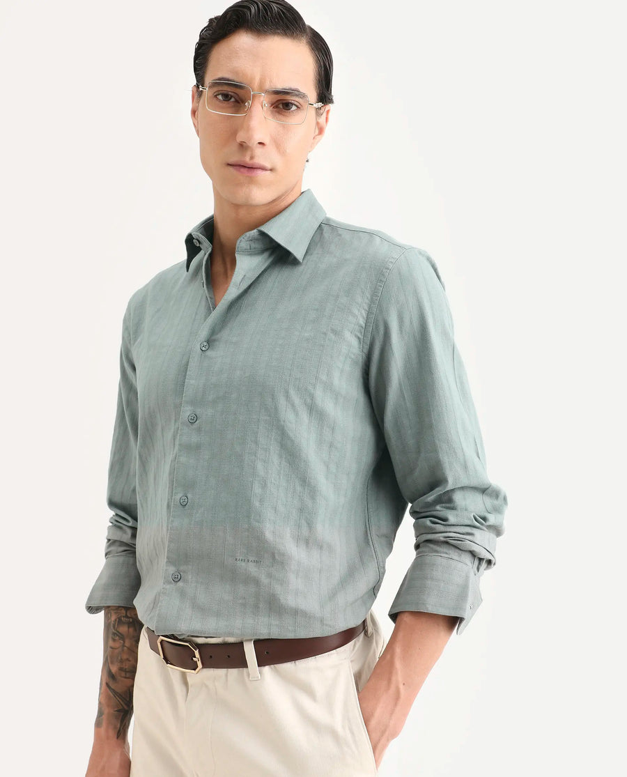 Rare Rabbit Men's Laver Dark Green Cotton Fabric Full Sleeve Regular Fit Textured Shirt