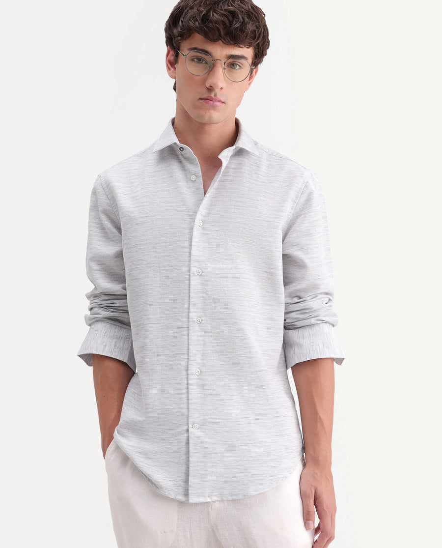 Rare Rabbit Men's Frit Light Grey Cotton Blend Fabric Full Sleeve Regular Fit Textured Shirt
