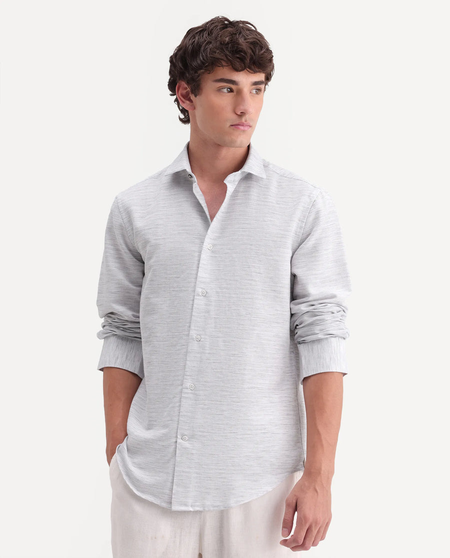 Rare Rabbit Men's Frit Light Grey Cotton Blend Fabric Full Sleeve Regular Fit Textured Shirt