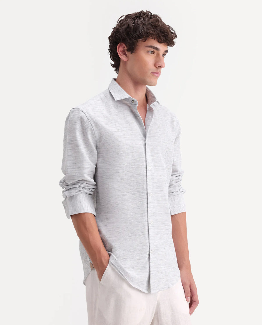 Rare Rabbit Men's Frit Light Grey Cotton Blend Fabric Full Sleeve Regular Fit Textured Shirt