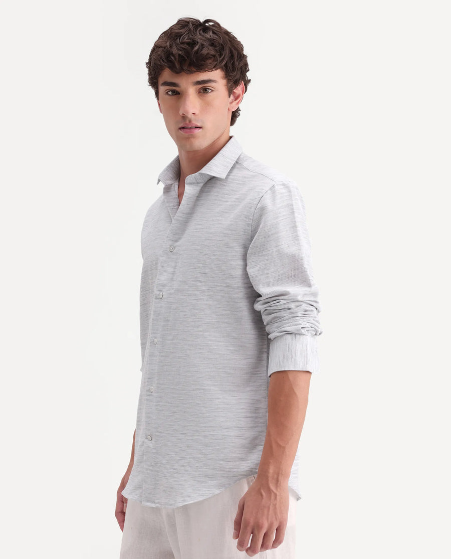 Rare Rabbit Men's Frit Light Grey Cotton Blend Fabric Full Sleeve Regular Fit Textured Shirt