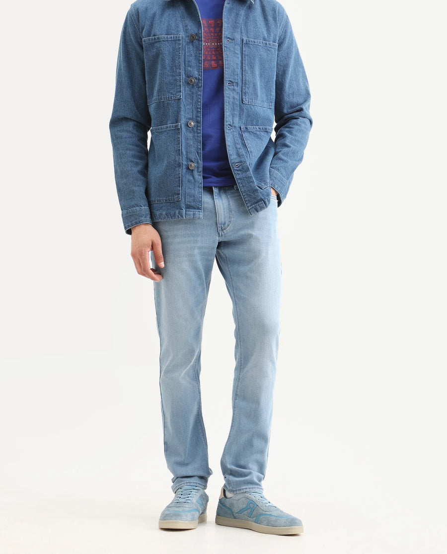 Rare Rabbit Men's Aby Light Blue Cotton Blend Fabric Hawk Slim Fit Plain Jeans