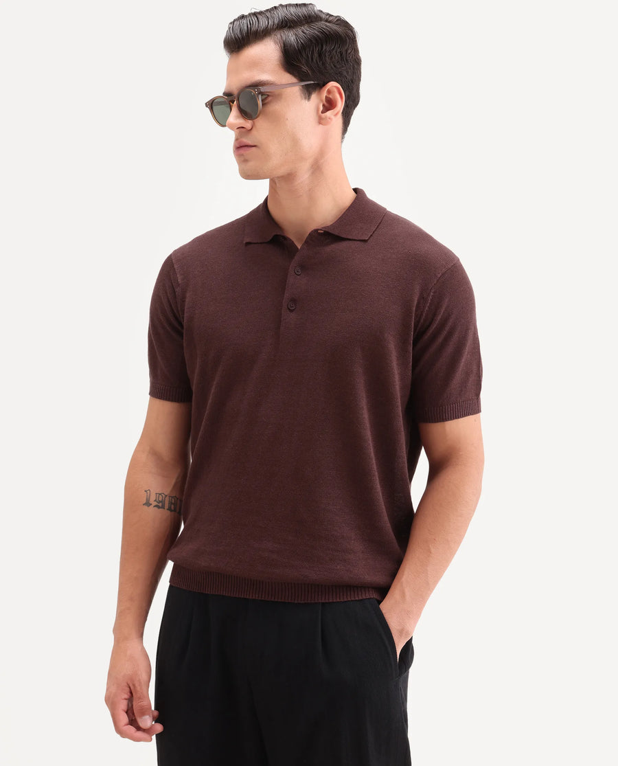 Rare Rabbit Men's Mekko-S26 Dusky Red Linen Blend Fabric Half Sleeve Spread Collar Regular Plain Polo
