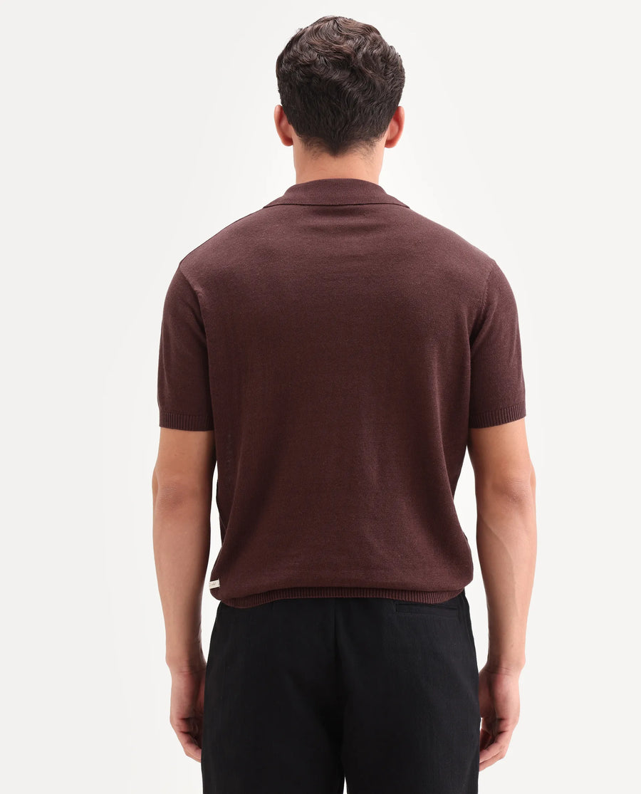 Rare Rabbit Men's Mekko-S26 Dusky Red Linen Blend Fabric Half Sleeve Spread Collar Regular Plain Polo