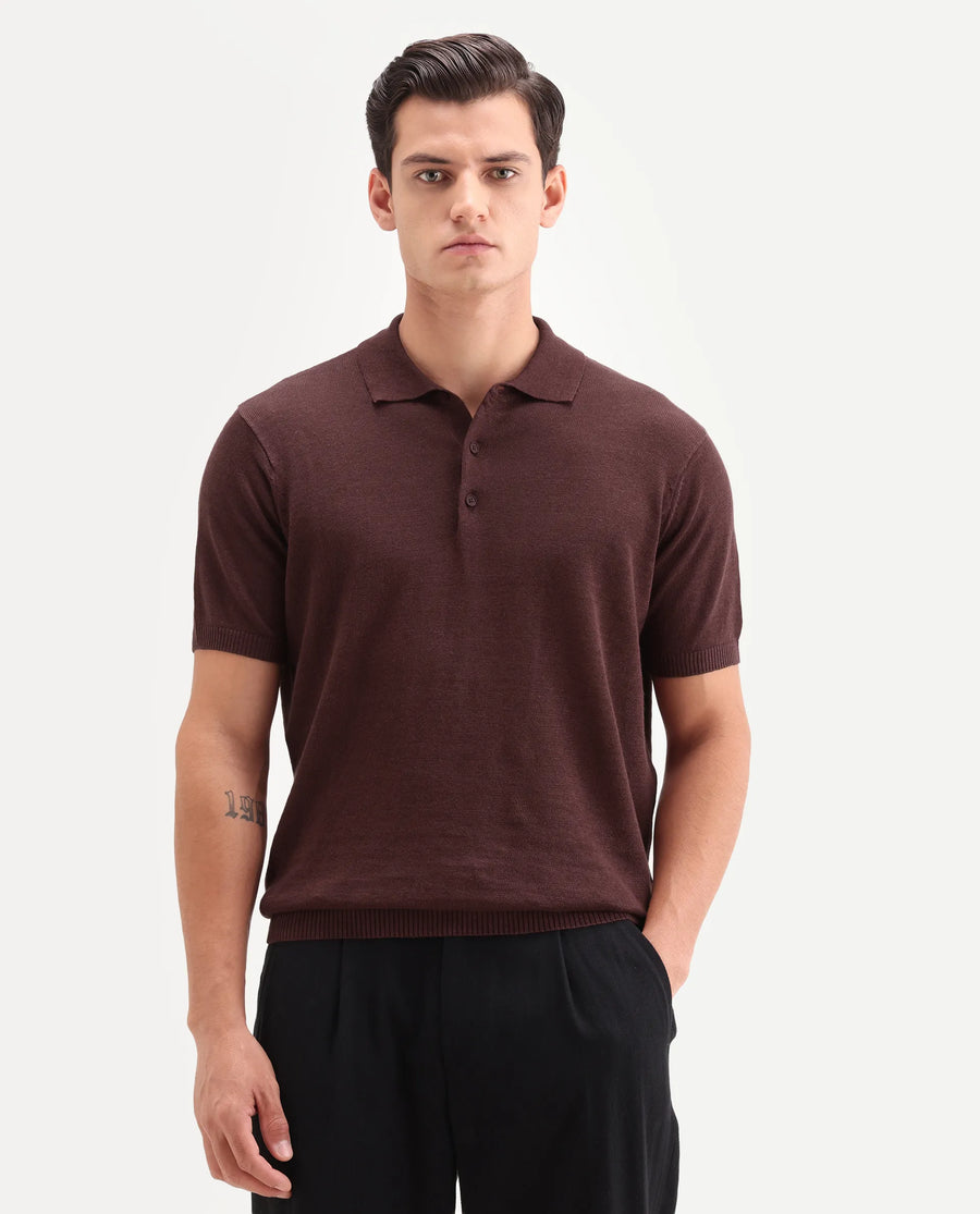 Rare Rabbit Men's Mekko-S26 Dusky Red Linen Blend Fabric Half Sleeve Spread Collar Regular Plain Polo
