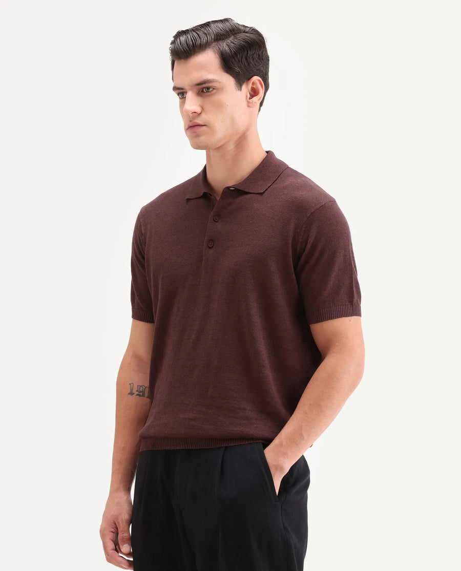Rare Rabbit Men's Mekko-S26 Dusky Red Linen Blend Fabric Half Sleeve Spread Collar Regular Plain Polo