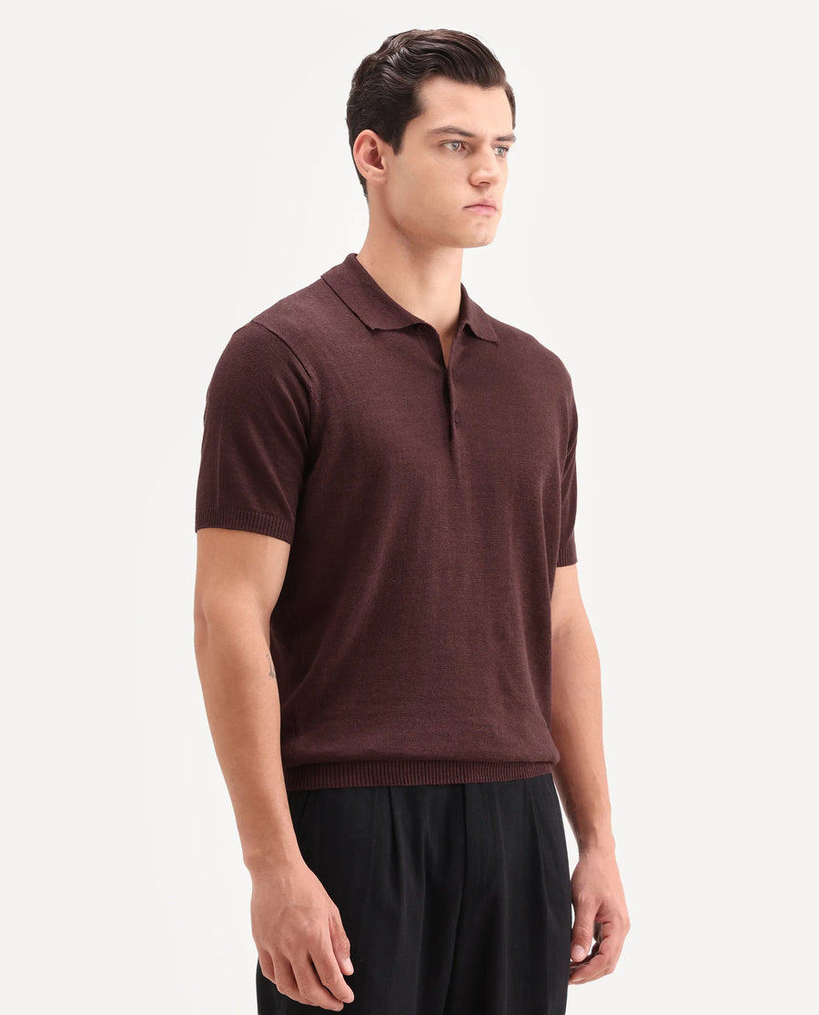Rare Rabbit Men's Mekko-S26 Dusky Red Linen Blend Fabric Half Sleeve Spread Collar Regular Plain Polo
