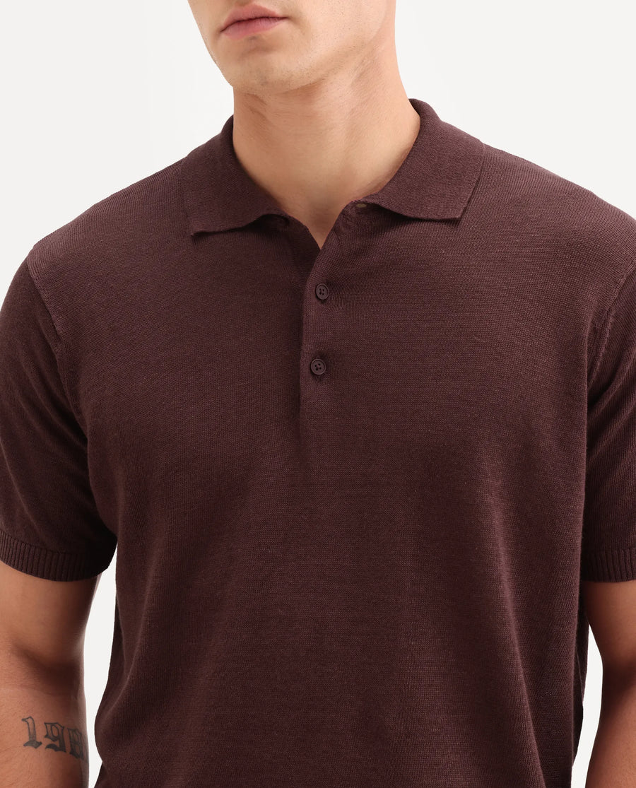 Rare Rabbit Men's Mekko-S26 Dusky Red Linen Blend Fabric Half Sleeve Spread Collar Regular Plain Polo