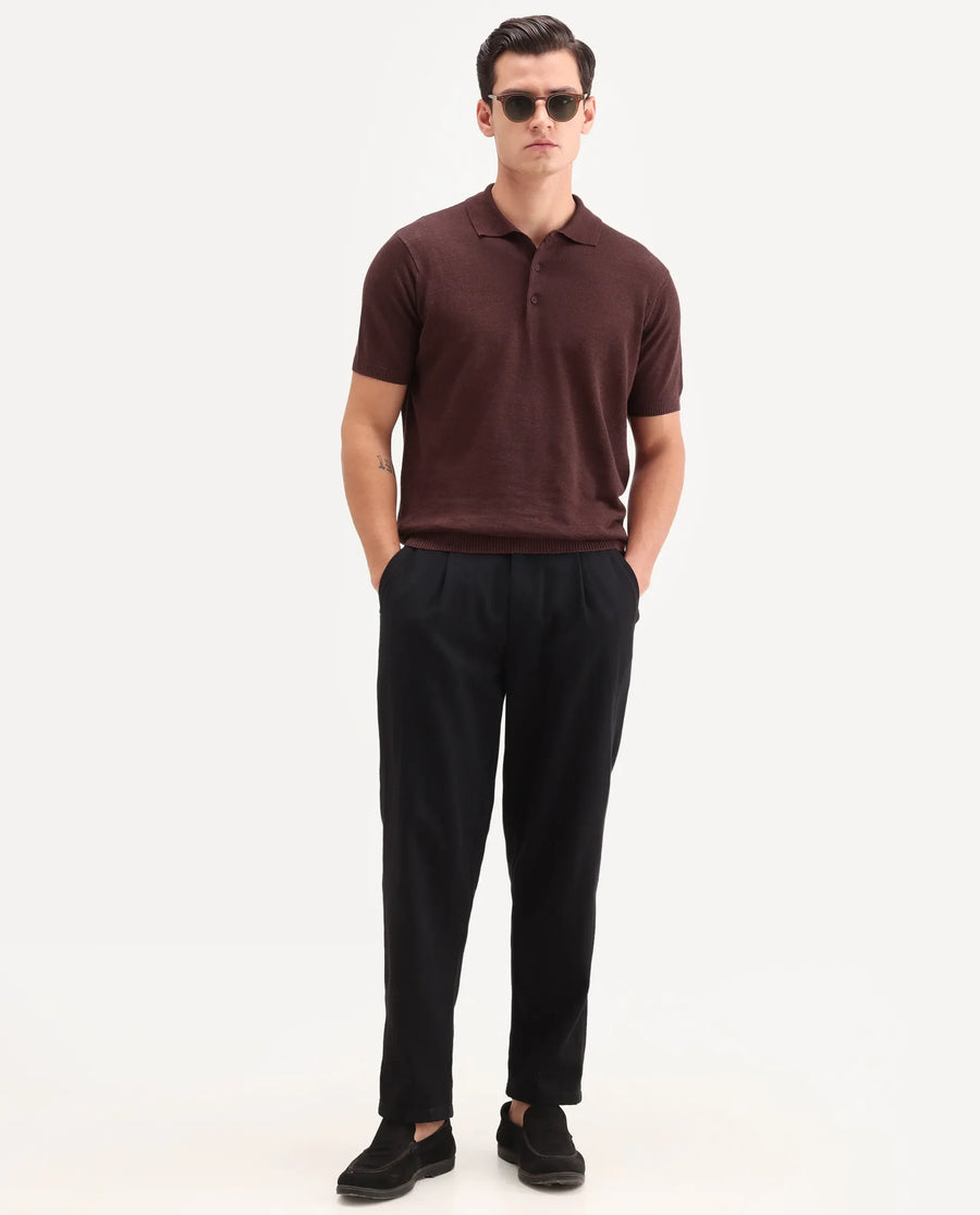 Rare Rabbit Men's Mekko-S26 Dusky Red Linen Blend Fabric Half Sleeve Spread Collar Regular Plain Polo