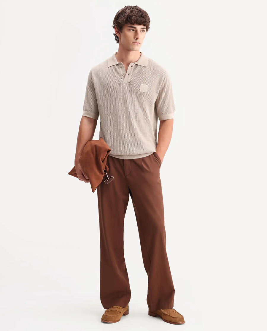 Rare Rabbit Men's Flak Beige Cotton Fabric Half Sleeve Spread Collar Regular Plain Polo