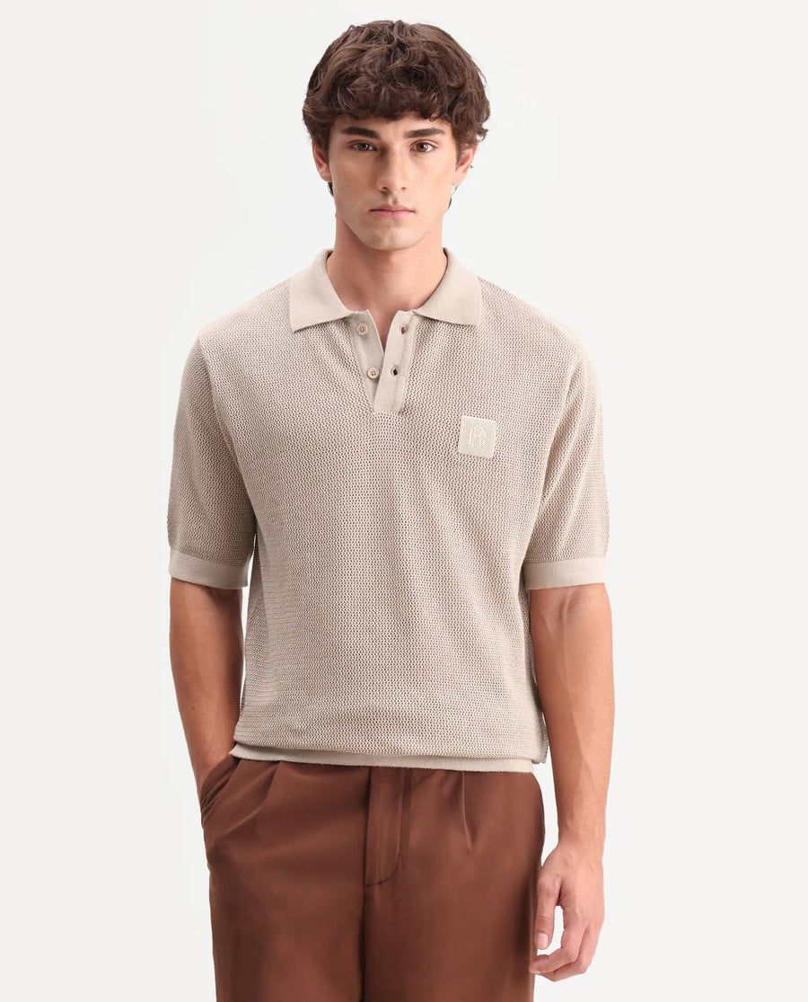 Rare Rabbit Men's Flak Beige Cotton Fabric Half Sleeve Spread Collar Regular Plain Polo