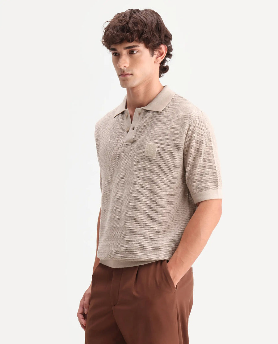 Rare Rabbit Men's Flak Beige Cotton Fabric Half Sleeve Spread Collar Regular Plain Polo